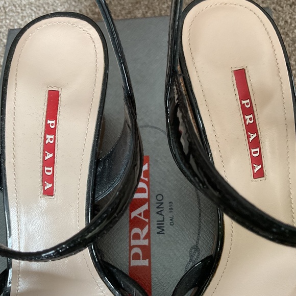 Prada Leather Bow Cork Wedge Sandals-Black-Size 8-Sharp - Picture 7 of 8